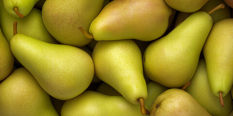 Lots of yellow pears in the supermarket. Storage of pears. Selling pears.
