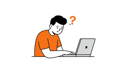 Curious man using laptop with question mark in minimalist vector illustration for problem solving and inquiry