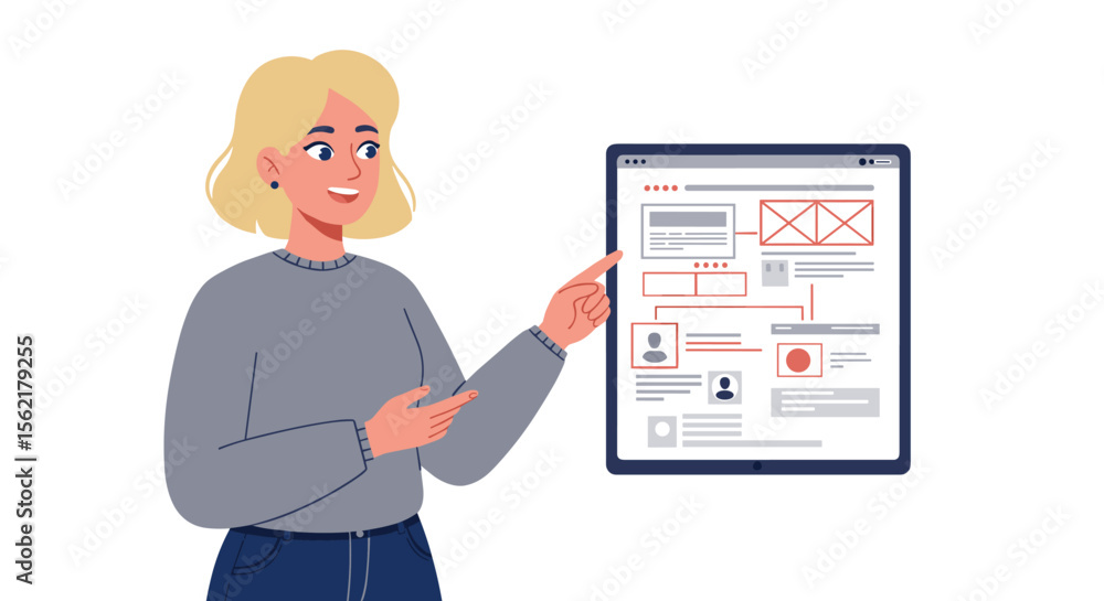 Poster user interface design concept vector illustration featuring a woman pointing at ui elements in a fla