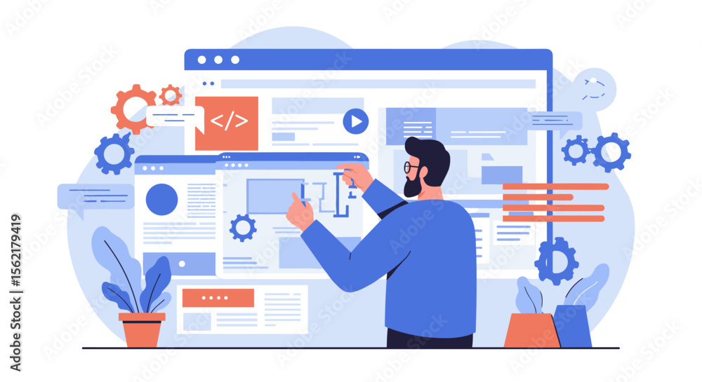 Poster web development concept with programmer in office setting vector illustration for digital design and