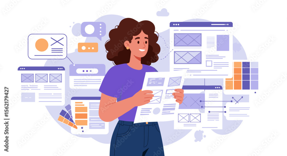 Poster web design planning vector illustration with young designer holding website layout for project devel