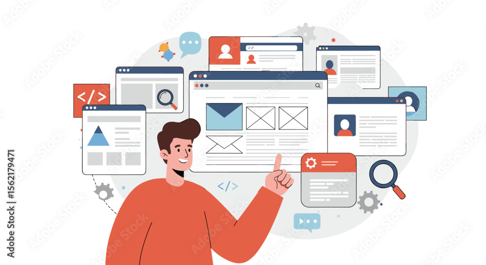 Poster web design process vector illustration: flat style concept for development and ui/ux workflow