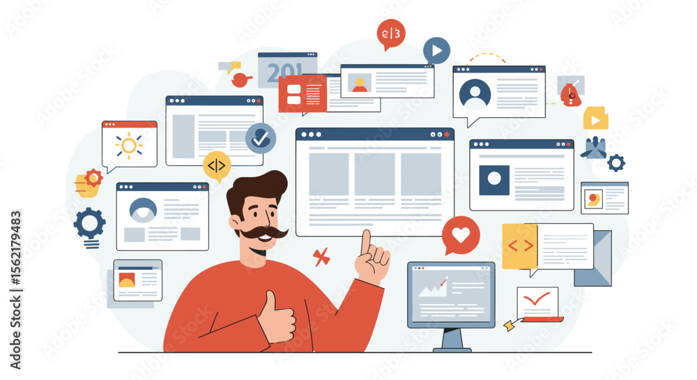 Poster digital workspace vector illustration with user interfaces and analytics for business design