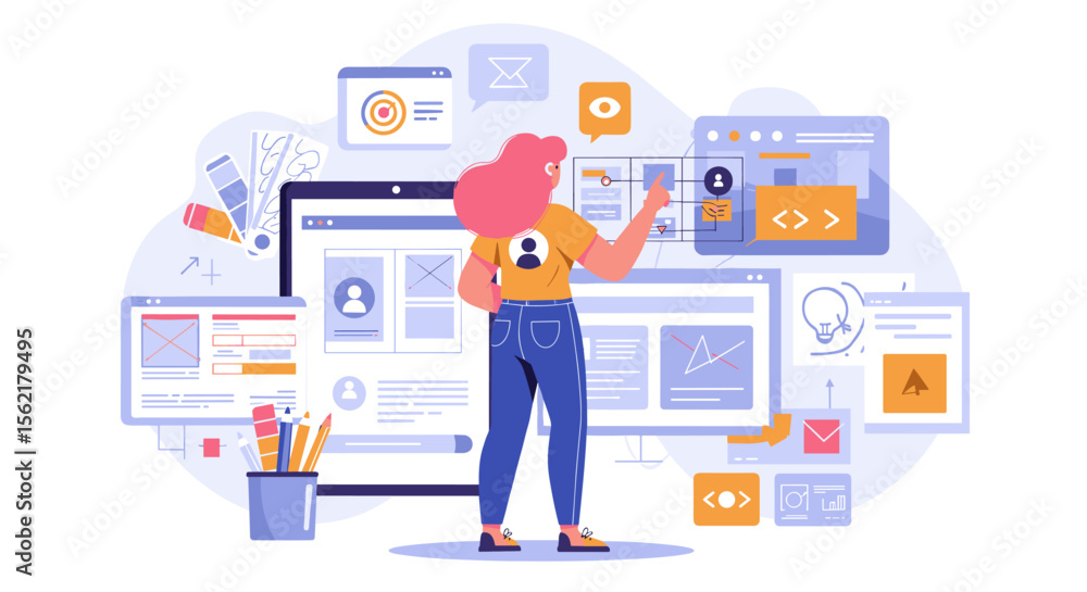 Poster web development and design concept vector illustration with ui elements in flat style for digital pr