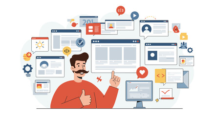 Digital workspace vector illustration with user interfaces and analytics for business design