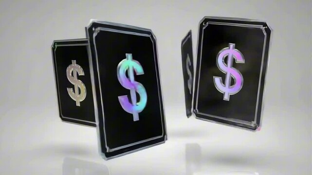 Floating collector cards with holographic $ signs rotating in air, each one with rare rarity frames &mdash; gold, platinum, glitch &mdash; NFT-ready aesthetic