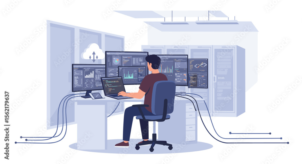 Poster vector illustration of network engineer monitoring systems for it infrastructure management