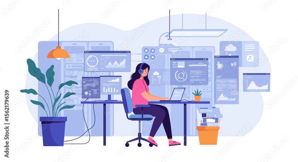 Aufkleber vector illustration of a woman working in a modern tech office environment with data analytics scree