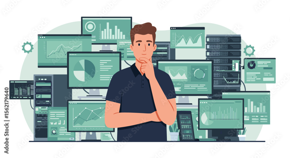 Aufkleber data analyst at work: flat vector illustration of man with data screens for business and technology 