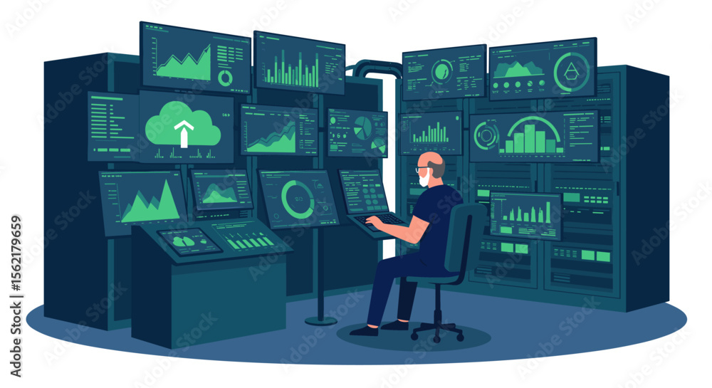 Poster data analysis control room vector illustration with digital displays for tech visualization design