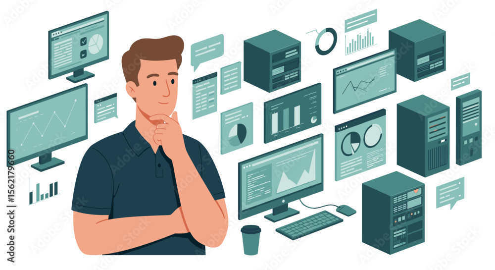 Poster business data analysis and technology concept with man in office environment vector illustration for