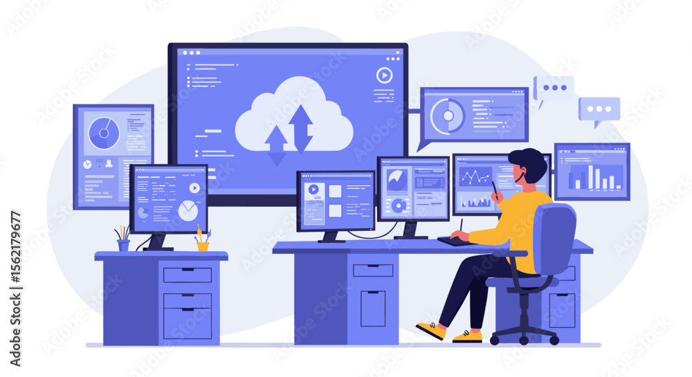 Poster cloud computing data analysis vector illustration - modern office workspace design for digital trans