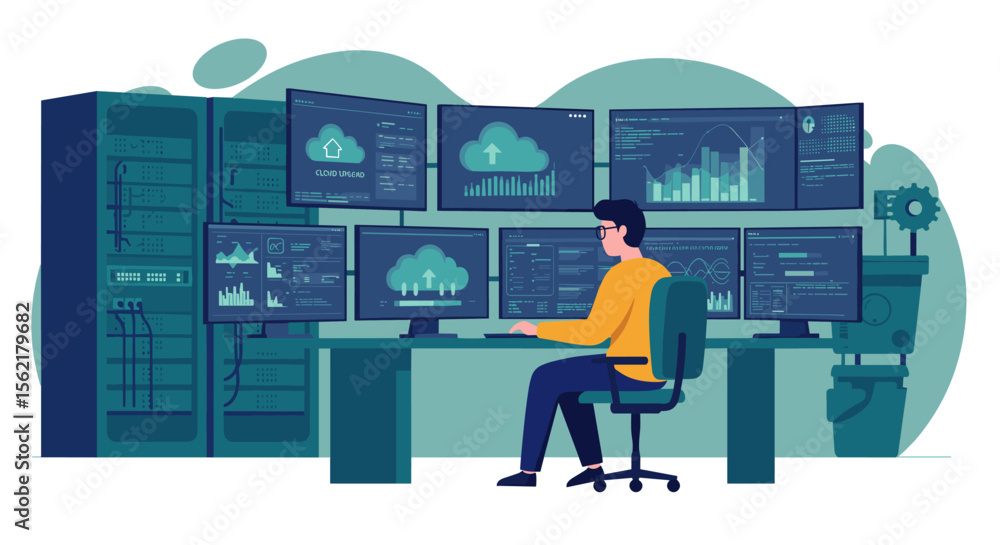 Poster network monitoring and cloud computing vector illustration for it infrastructure design
