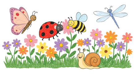 Whimsical insects and flowers spring vector illustration for children's design