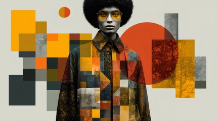Fashion model wearing digitally enhanced clothing with colorful geometric pattern posing in front of an abstract background with orange circles and pixel squares