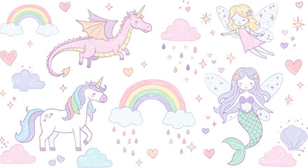 Magical fantasy creatures vector illustration: unicorns, fairies, and rainbows in pastel colors for kids’ design