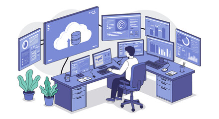 Cloud computing control room vector illustration: tech professional managing virtual network in modern workspace