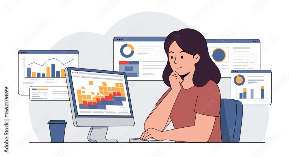 Poster data analysis concept with woman using computer for business insights in flat vector illustration