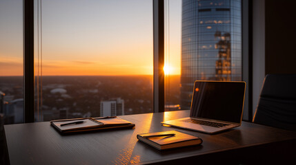 Laptop, notebooks, and pen on a desk overlooking a city sunset.  Ideal for business, success, and productivity concepts.