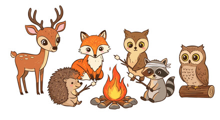 Obraz premium Cute woodland animals around campfire vector illustration for children's print design