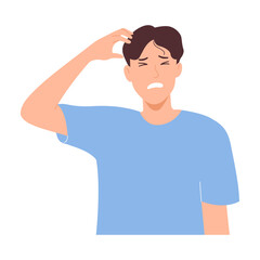 Man Scratching Head Itching Itchy Scalp. Discomfort, Annoyed, Frustrated, Worried, Uncomfortable Stress, confusion, Thoughtful. Vector illustration on white background.