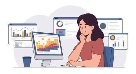 Data analysis concept with woman using computer for business insights in flat vector illustration