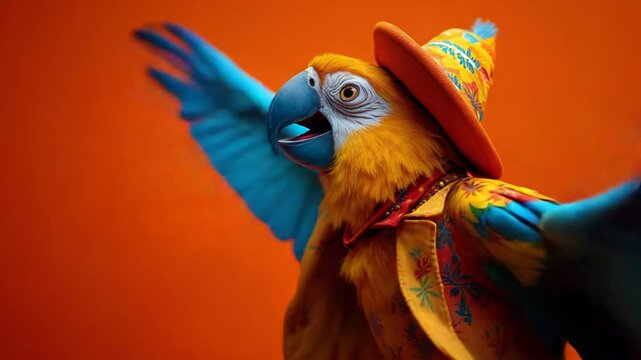 Ornate macaw in hat & jacket against orange backdrop