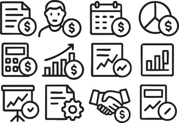 Collection of line icons representing various financial concepts such as reports, graphs, money, growth, and business deals, ideal for presentations or websites.