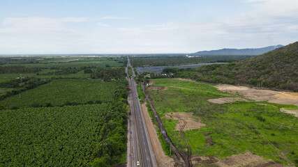 aerial drone view at roads. Horizon 