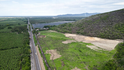 aerial drone view at roads. Horizon 