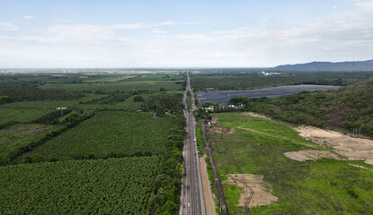 aerial drone view at roads. Horizon 