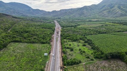 aerial drone view at roads. Horizon 