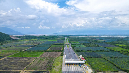 aerial drone view at roads. Horizon 