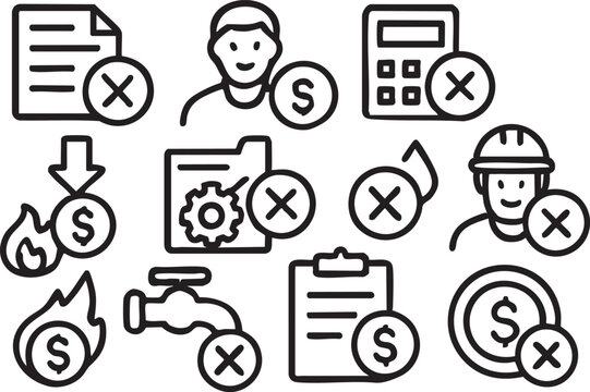 Collection of simple line icons representing various aspects of finance, business, and project management, including rejected documents, budget cuts, and cost reduction.