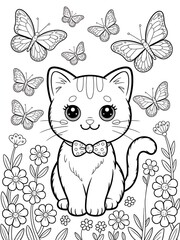 Obraz premium Cute Kitten Surrounded by Butterflies and Flowers