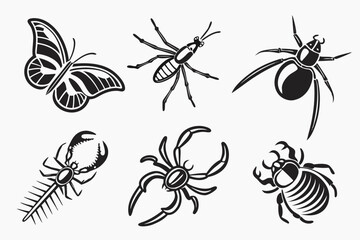 set of black and white insects