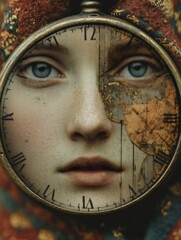 Surreal image depicting a woman's face partially obscured by an antique pocket watch, symbolizing the passage of time and the inevitable decay of beauty