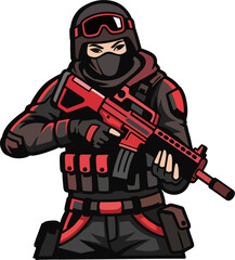 Female Special Forces Soldier Mascot with Red Assault Rifle – Tactical Gun Girl Vector Illustration