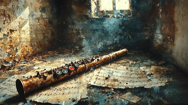 An antique flute resting on weathered sheet music in a sunlit, abandoned room filled with dust