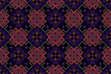 Mesmerizing seamless pixel art pattern, ethnic , geometric motifs. Dominated,dark black background with rich violet, vibrant orange, and hints of pink. Ideal for textiles,fashion, digital backgrounds.