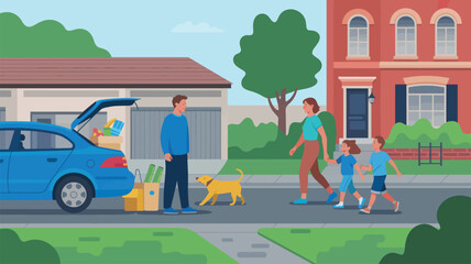 Family unloading groceries from car in suburban neighborhood with dog and child, depicting daily life, homecoming, and modern lifestyle