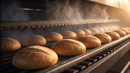 Freshly Baked Loaves of Bread Cooling on Industrial Conveyor Belt in Bakery Oven with Steam.