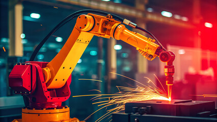 Industrial Robotic Arm Performing Precision Laser Welding with Sparks in Modern Factory.