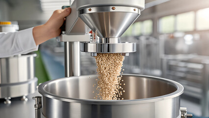 Modern Stainless Steel Industrial Food Processing Machine Pouring Grains in Clean Facility.