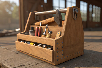 Wooden Toolbox with Various Hand Tools on Rustic Workbench in Sunlight.