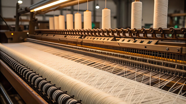Close-Up of Textile Weaving Machine Producing White Yarn Threads in Modern Factory.