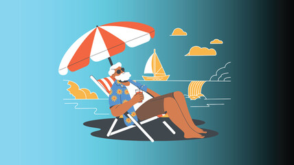 Elderly man relaxing on a beach chair with sunglasses and drink, enjoying a sunny seaside vacation with cliffs, ocean, and leisure vibes