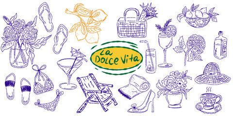 Whimsical hand drawn sketch set inspired by Mediterranean lifestyle. Includes food, drinks, flowers, summer decor and travel elements. Perfect for branding, packaging, prints, and stickers.