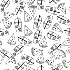 Summer beach line art hand drawn vector seamless pattern with lemonade and watermelon, Summer Beach collection. 
