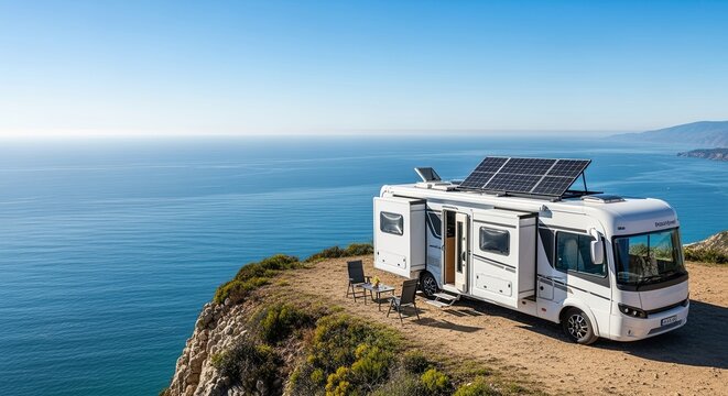 Solar Powered RV on a Cliff Overlooking the Ocean for Sustainable Travel